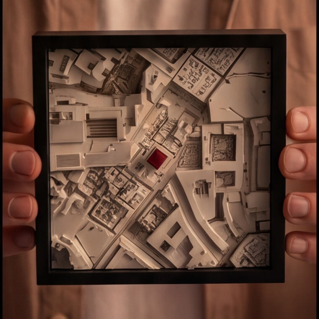 A person holds a square black-framed artwork featuring a detailed 3D papercity model with a small red accent piece, shown against a warm brown and beige background.